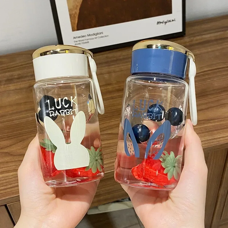 300ml Lucky Letter Glass Mini Simple Fresh Lovely Water Bottle with Cover Rope Small Capacity Portable Heat Resistant Coffee Cup