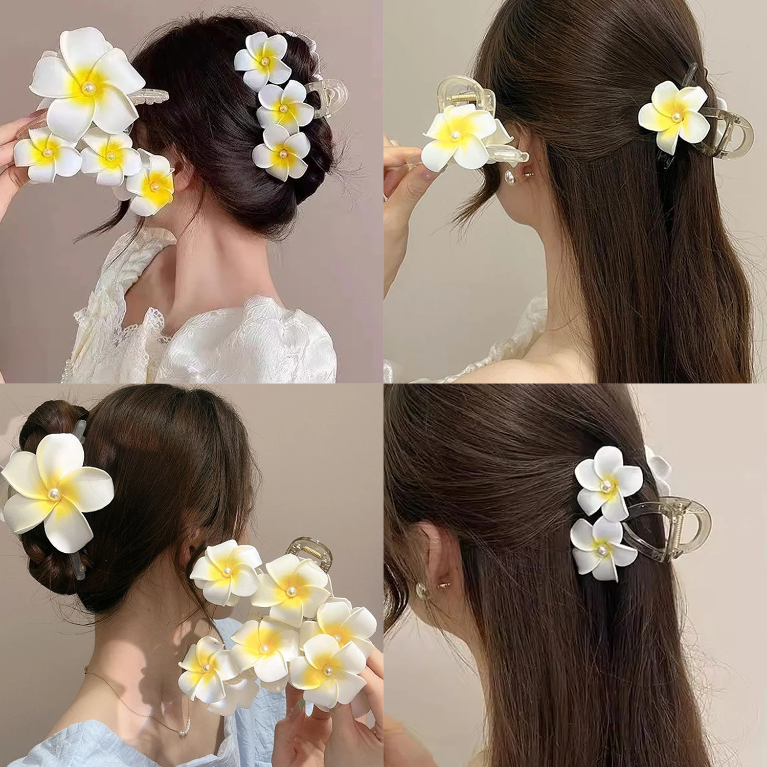 Sweet Hair Clips Frangipani Hair Claws Plumeria Transparent Flower Hairpins Hawaiian Gradient Hair Clamp Shark Clip 8/10/12cm