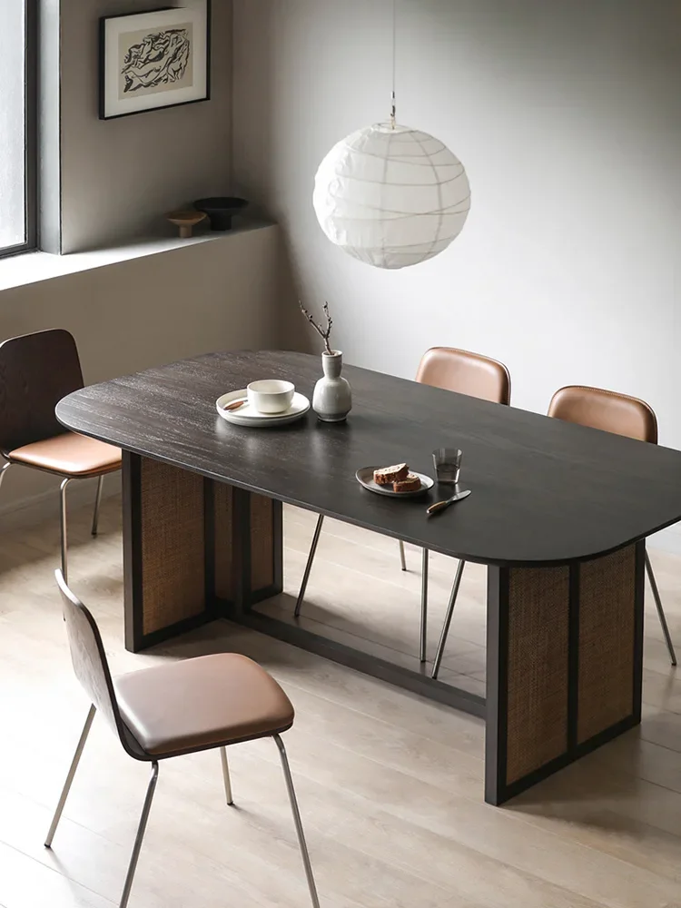 

Nordic solid wood dining table, small household retro restaurant, hotel, rattan woven western dining table