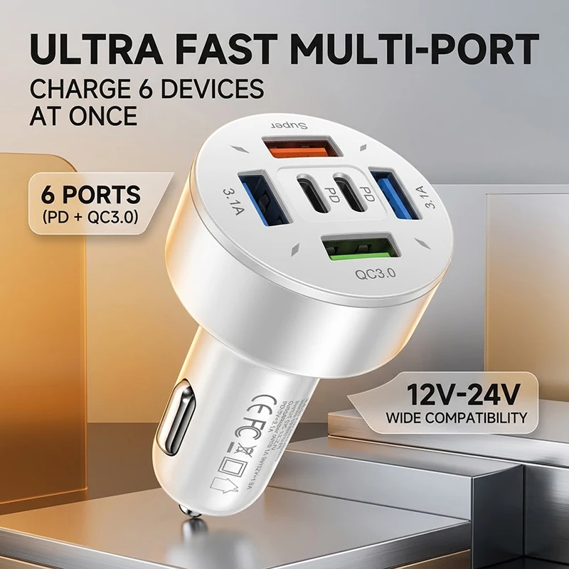 Super Fast Car Charger 6 Ports PD QC3.0 Smart Chip Trickle Charge Protection Rapid Multi-Device Adapter For iPhone For Samsung