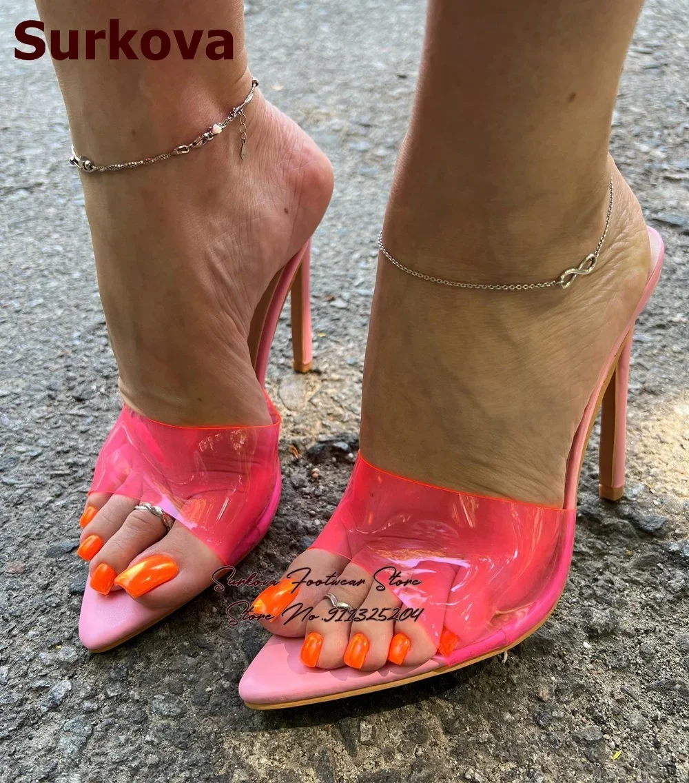 Surkova Hot Pink Clear PVC Stiletto Heel Slippers Pointed Toe Slip-on Sweet Sandals Girls Evening Party Shoes Size46