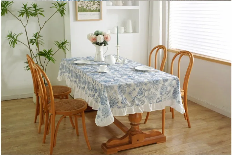 Waterproof Oil Resistant Lotus Leaf Edge Tea Table Tablecloth with Blue and White Porcelain Style Cotton Embroidery Tablecloth