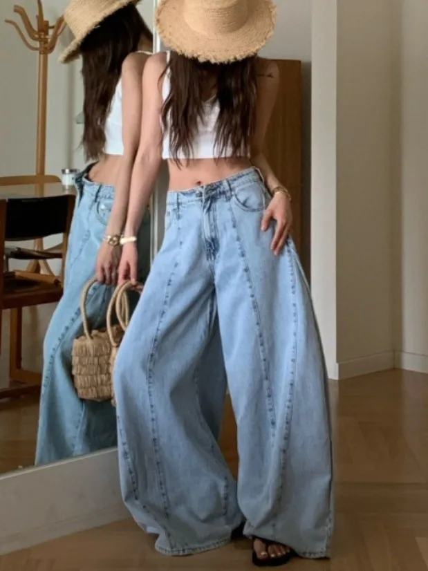 

Джинсы с широкими штанинами в стиле ретро, женские свободные джинсы со скрытым дизайном, модный силуэт, повседневные длинные брюки