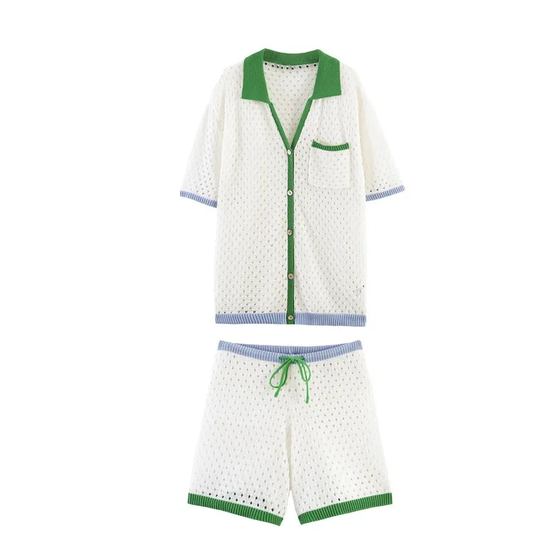 Casual Loose Lapel Single-breasted Knit Cardigan T-shirt + Lace-up Elastic Waist Shorts 2-piece Set New Hollow-out Knitted Suit