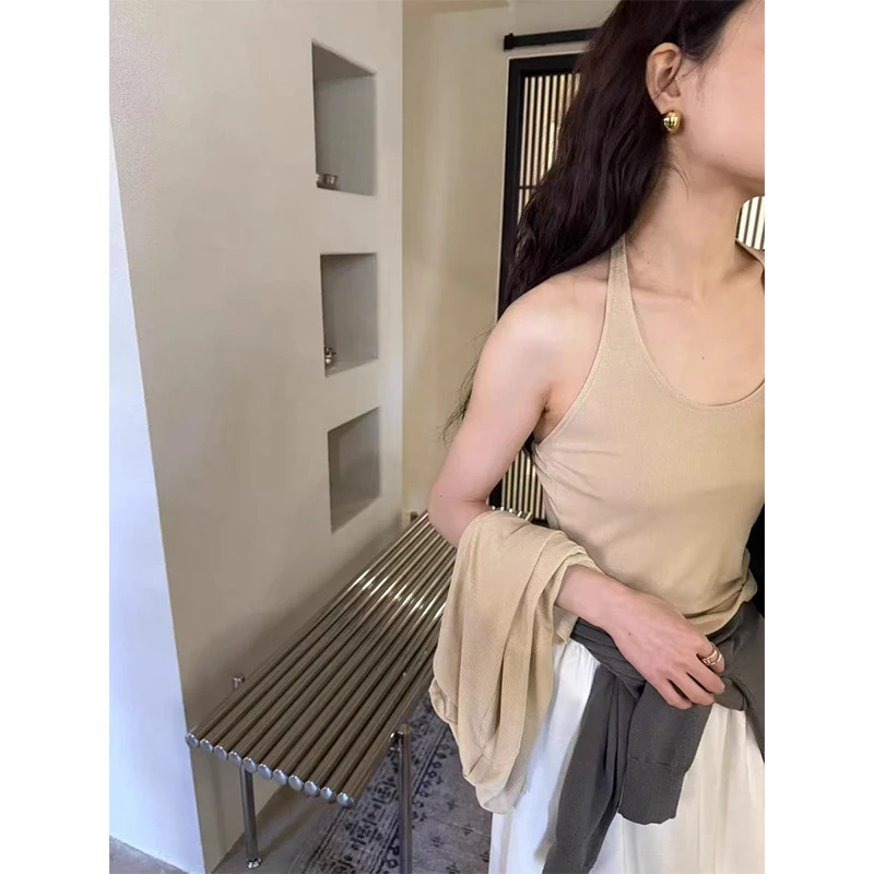 ชุดเซ็ตสองชิ้น เสื้อกั๊กสายเดี่ยวแบบยาวเปิดไหล่ สไตล์หวาน สีพื้น รุ่น Ele Gentle Dongdaemun 25 Autumn Hanging Ne Strap Vest Long Sve Open Cardigan สำหรับผู้หญิง