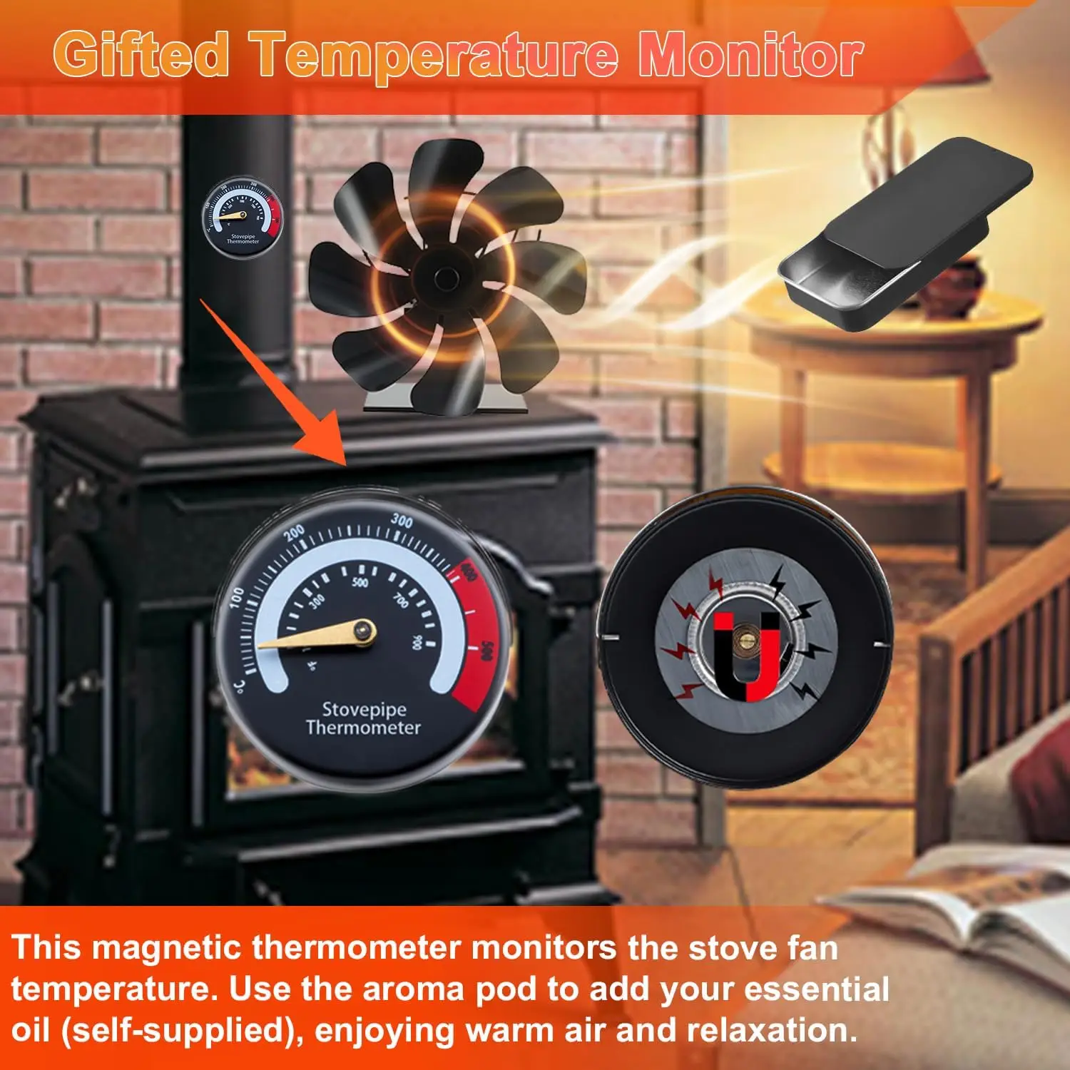 Heat-Powered Wood Stove Fan, 8-Blade Fireplace Fan with Thermometer & Aroma Pod
