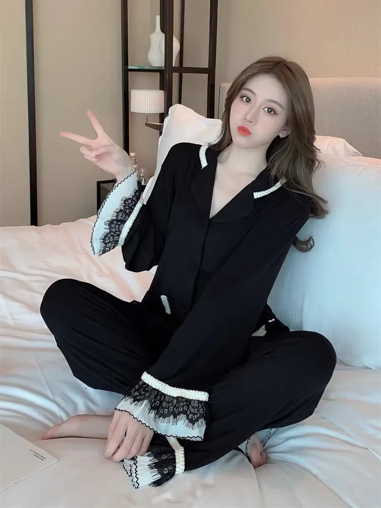 

New Fashion Women's Wear, Sexy Lace-decorated Pajama Set, Spring and Autumn Long-sleeved Top and Long Pants Home Set