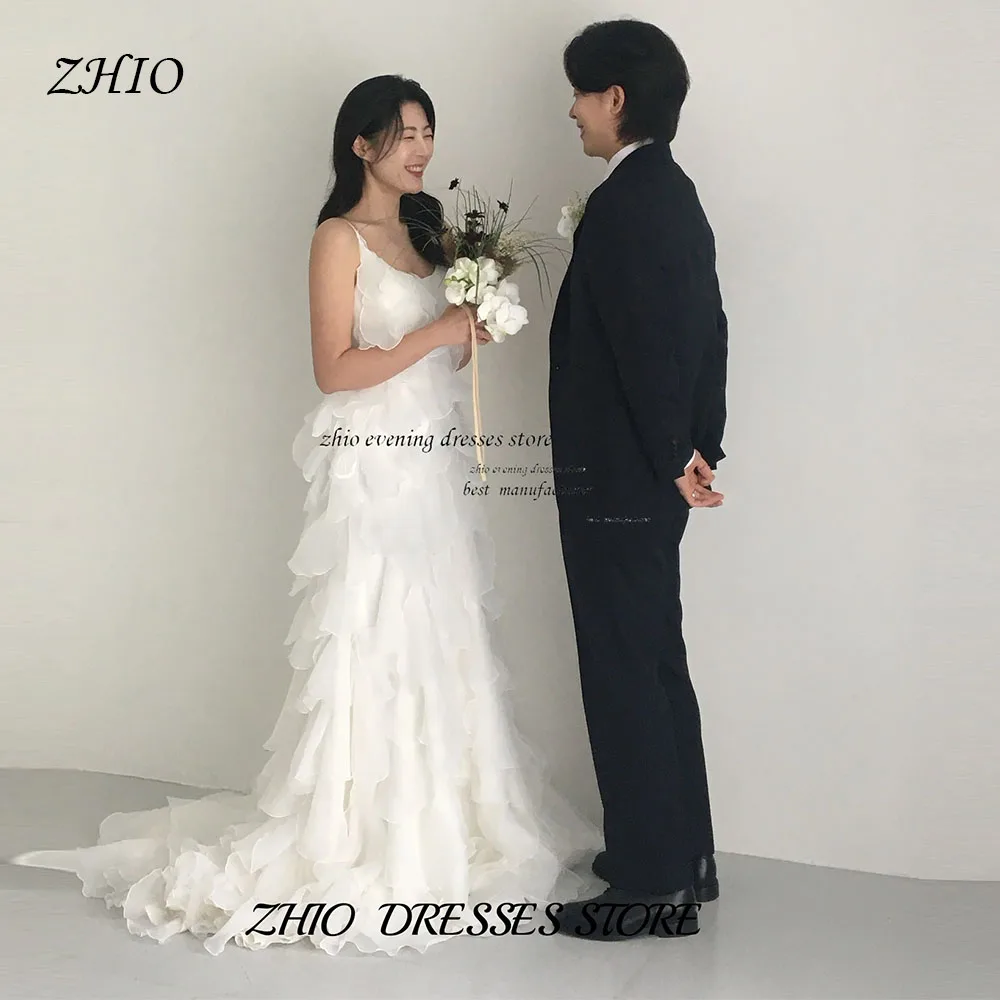 

ZHIO White Ruffle Dress Chiffon Korean Wedding Spaghetti Straps Sleeveless Customized A-Line Gowns Formal Ceremony