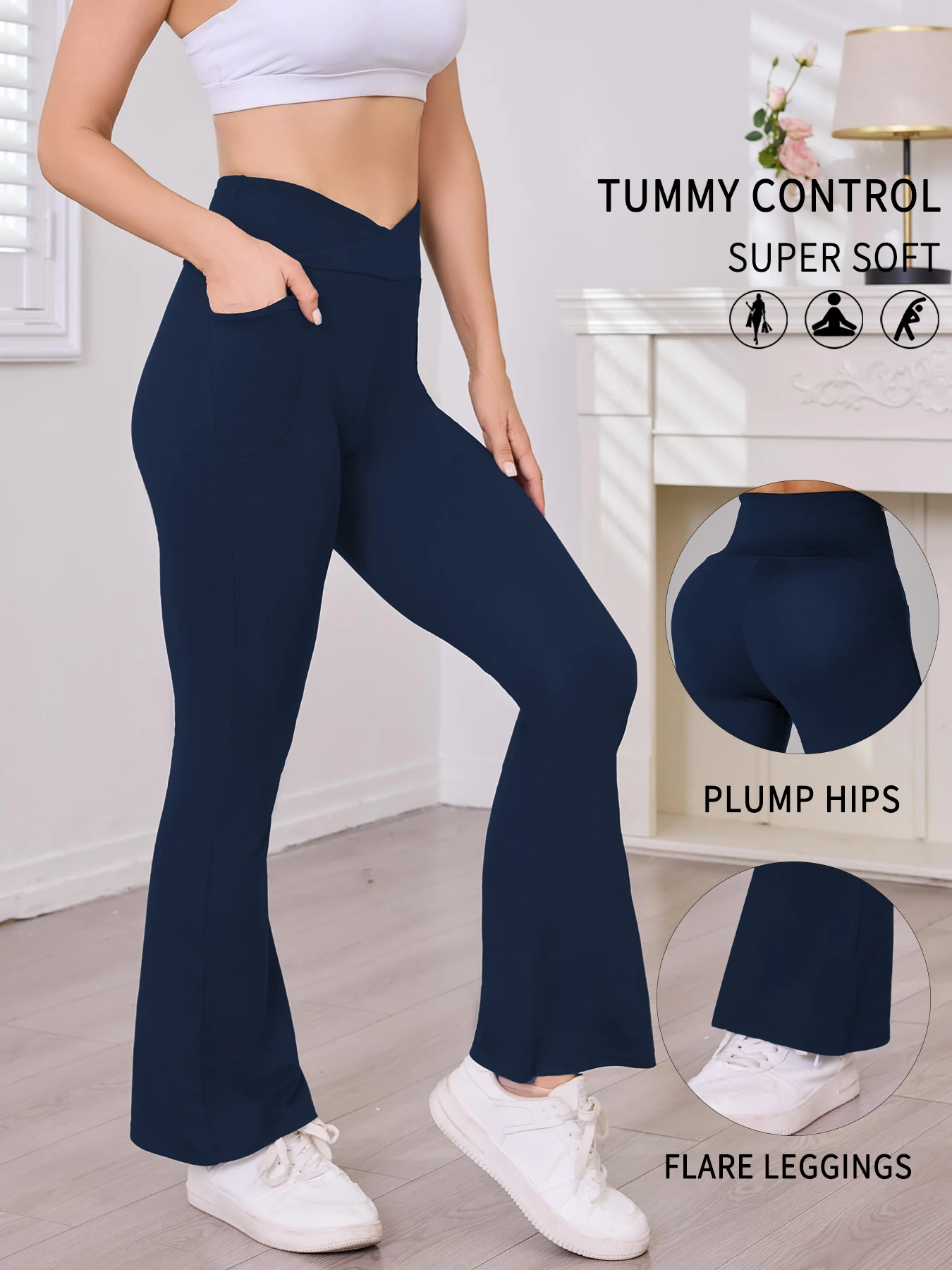 여성용 슈퍼 소프트 크로스오버 하이웨이스트 플레어 레깅스 (포켓 포함), 뱃살 보정 요가 부츠컷 벨바텀