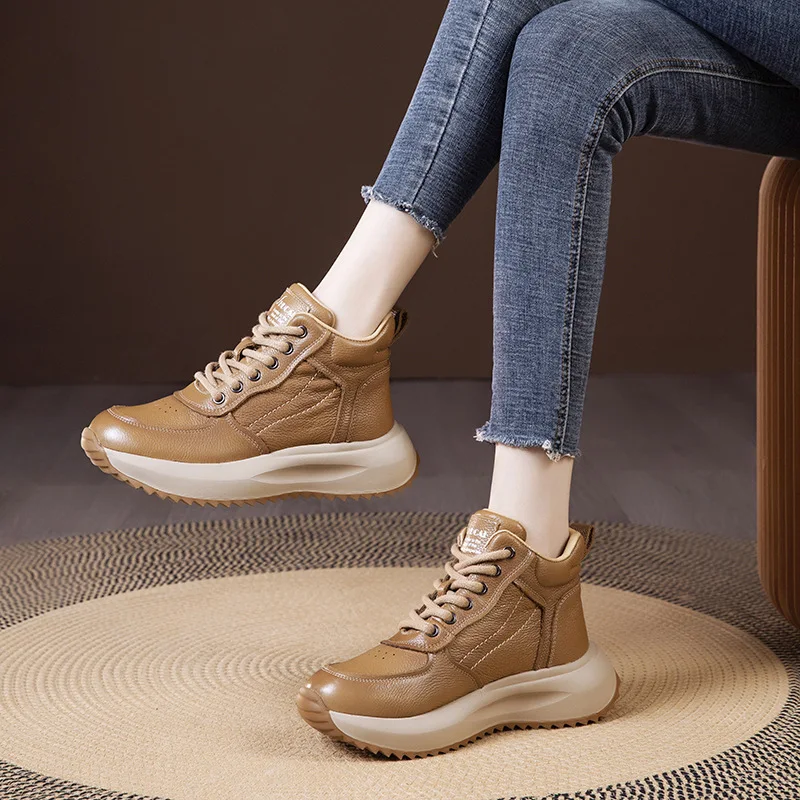 

Khaki Leather High Top Platform Sneakers For Women Lace Up Design Round Toe Non Slip Serrated Outsole Casual Boots Thick Sole