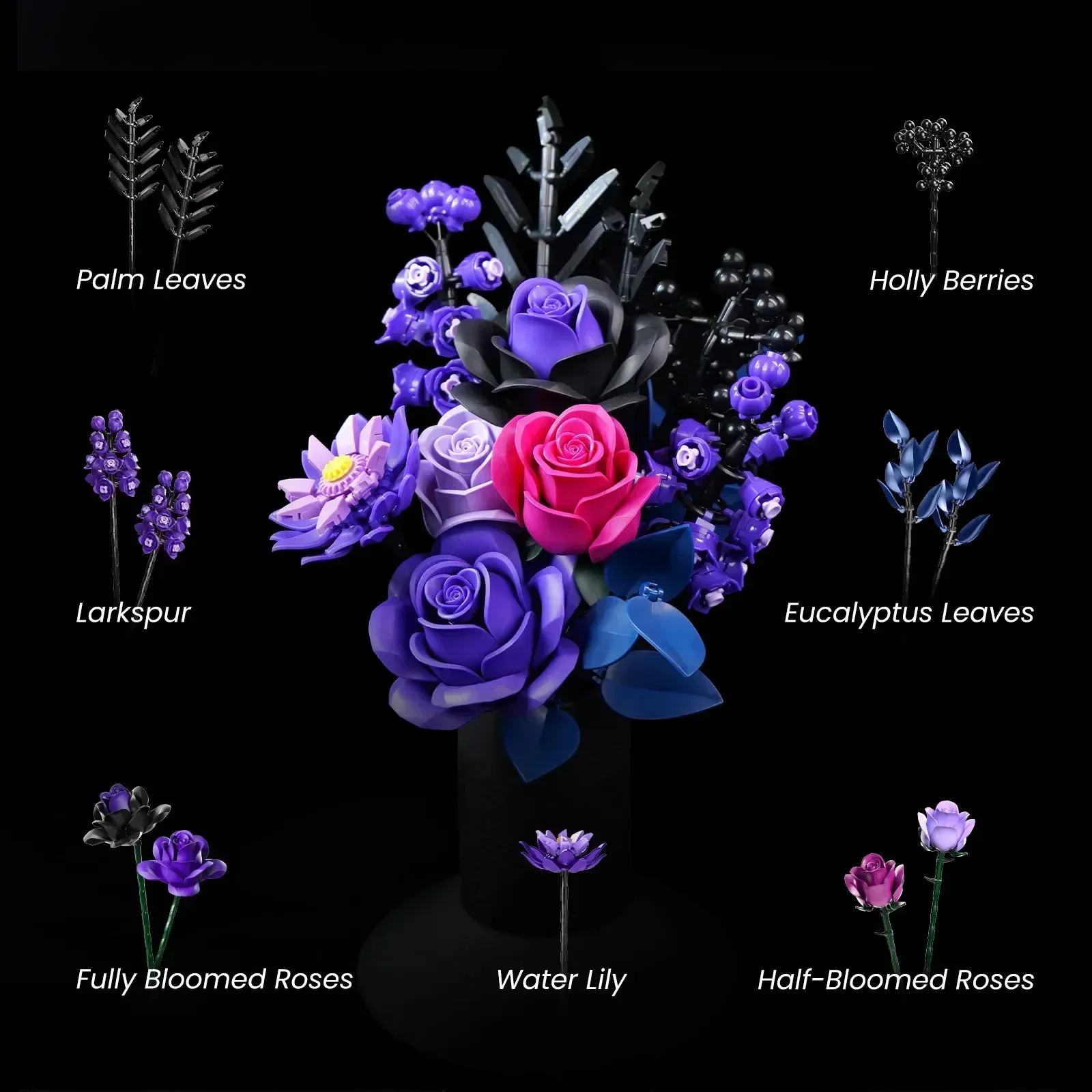 BuildMOC Paarse Roos Botanische Bouwsteenset, Gotisch Decor Kunstmatige Roos Bloemboeket Model Speelgoed Valentijnsdag Geschenken - afbeelding 1