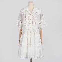 Summer Corchet White Lace Embroidery Hollow Out 2 Pieces Set Outfits Women Loose Shirt Tops + Elastic Waist Midi Skirts Suit