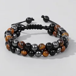 Men Tiger Eye Beads Bracelet Natural Stone Hematite Bracelet Double-layer Distance Charm Bracelets Health Care Jewelry for Homme