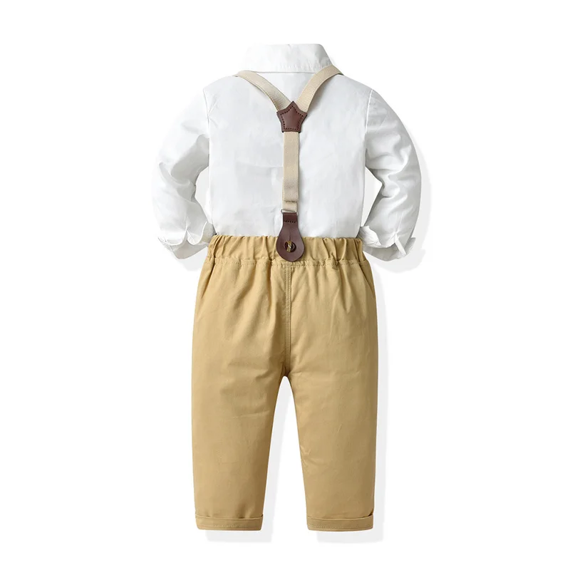 top and  top Toddler Kids Boys Gentleman Clothing Sets Children Boys Casual Long Sleeve White Shirts with Bowtie+Suspenders Pant