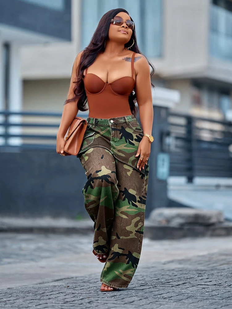 JENYAGE Damen Locker Geschnittener Vintage Camouflage-Rock mit Überwurf, Weite Hosen mit Hoher Taille, Camouflage-Muster mit Taschen, Streetwear Baggy Jeans – Detail 4