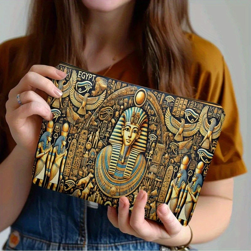 

1pc Egyptian-Themed Cosmetic Bag with Tutankhamun Mural & Egyptian Pharaohs - Double-Sided Print Toiletry, Zipper Closure