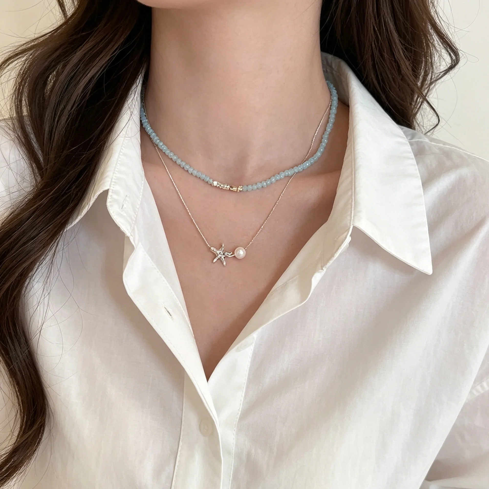 Faux Pearl Starfish Crushed Silver Layered Necklace Choker for Women Upgraded Elegant Premium Lightweight Daily