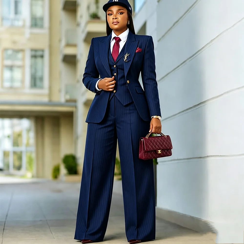 High End Women's Suit 3 Piece Classic Striped Peak Lapel Blazer Vest Pants Slim Fit Outfit Formal Business Office Lady Set