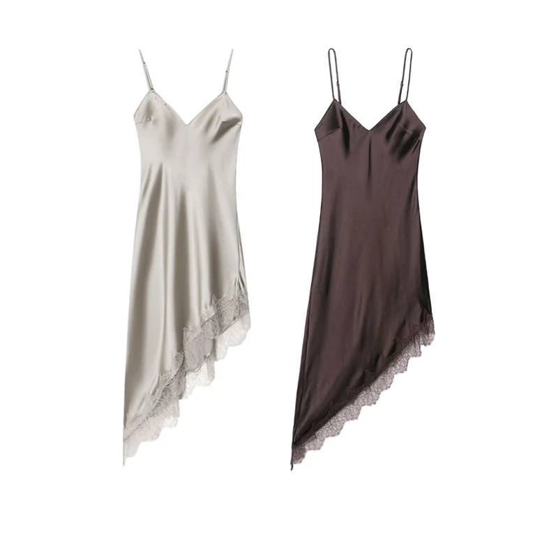 Herbst V-ausschnitt Ärmellose Asymmetrische Saum Halfter Kleid Frauen Spitze Seide Satin Textur Kleid Weibliche Sexy Party Tragen 2023 Neue