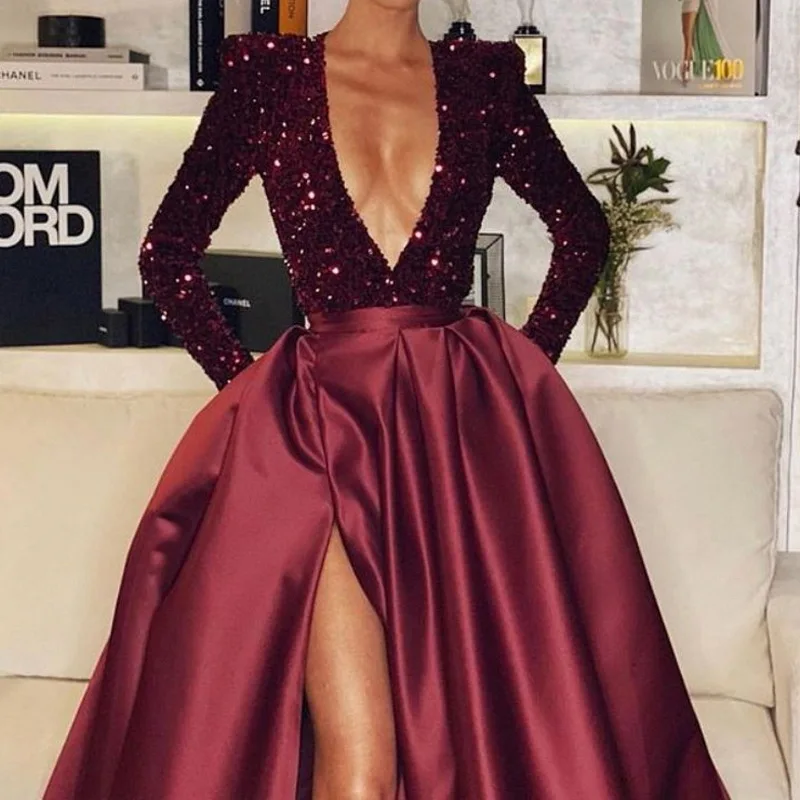 

Sexy Sparkling Women's Evening Dr Korean Sle Long Sve Princ Skirt Par Wedding Performance Polyester Fabric