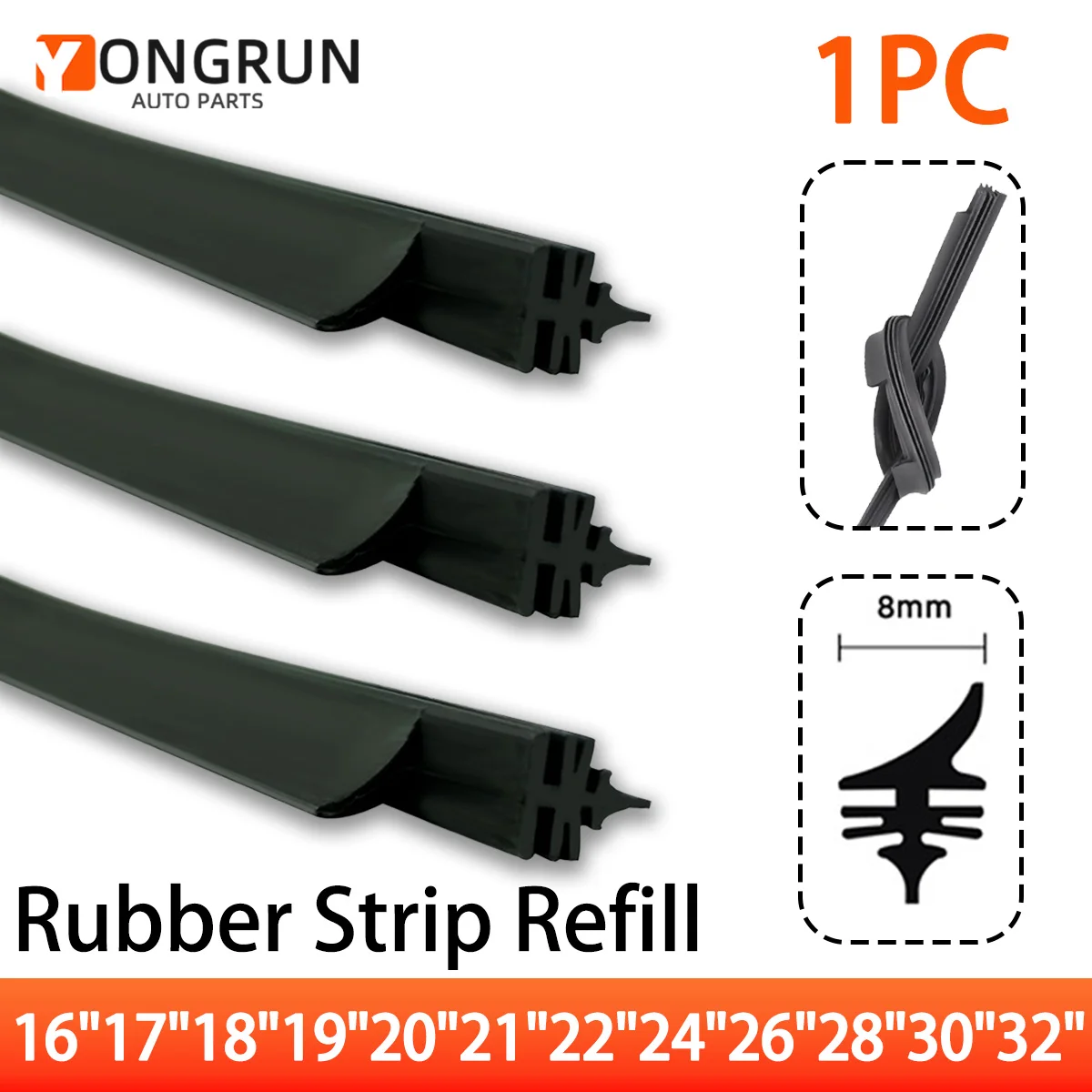 Yongrun 1pc tira de borracha tipo valeo lâmina de limpador tira de borracha substituição 16 "17" 18 "19" 20 "21" 22 "24" 26 "28" 30 "32" peças automotivas