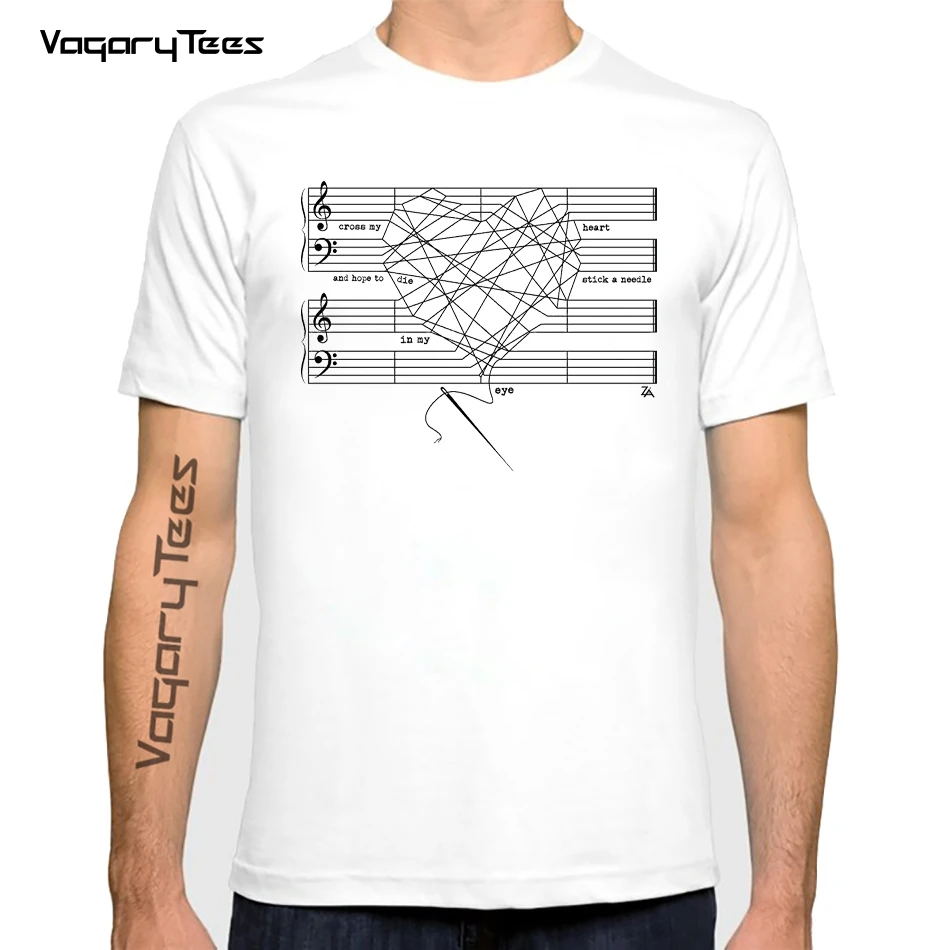 Creative Sheet music Design T-Shirt Men's Novelty Cross My Heart and Hope Print T Shirt Summer Geek Style Streetwear Top Homme