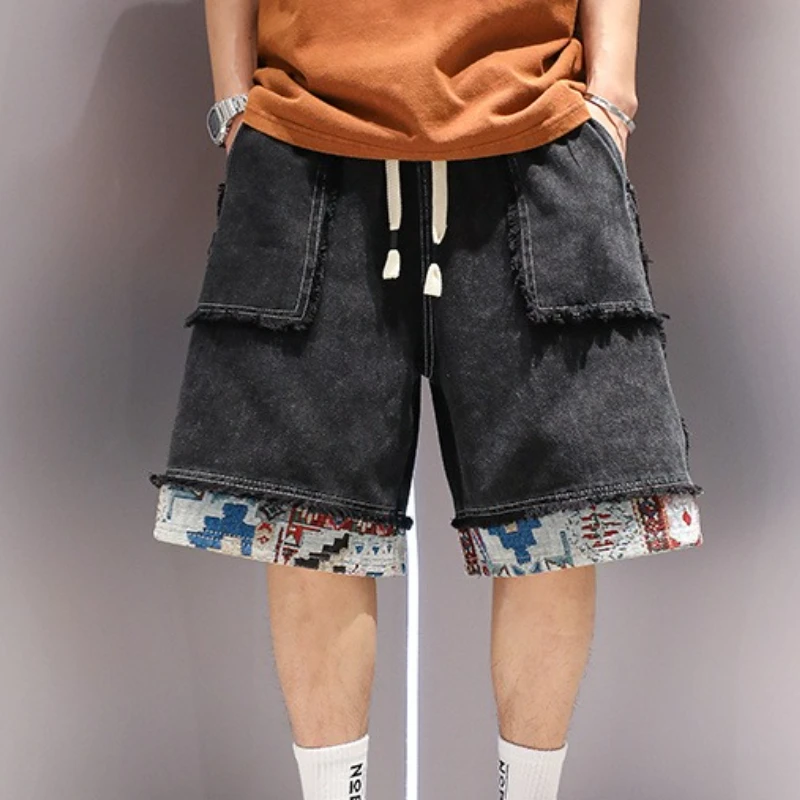 

Splicing Baggy Drawstring Half Short Jeans Pants for Men Rude Xl Popular Sale Summer Trend 2025 Emo Harajuku Man Denim Shorts