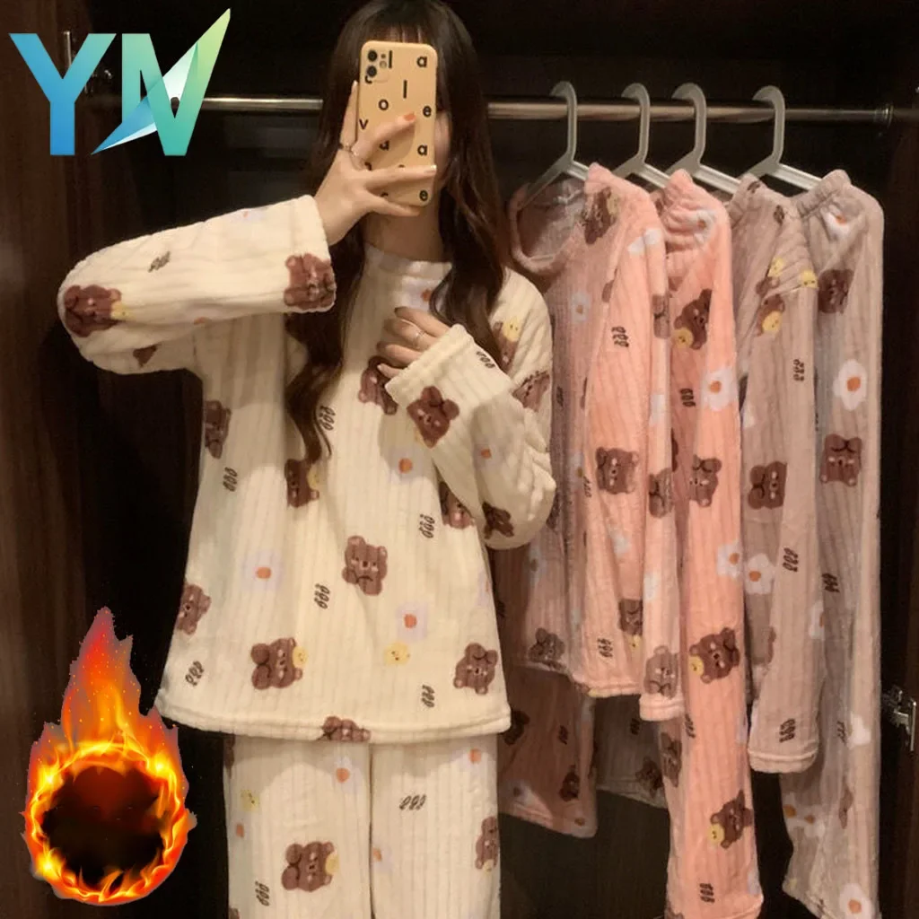 Women Winter Thickened Coral Fleece Pajama Suit Warm Printed Peach Bear Moon Pattern Homewear for Bedroom Living Room