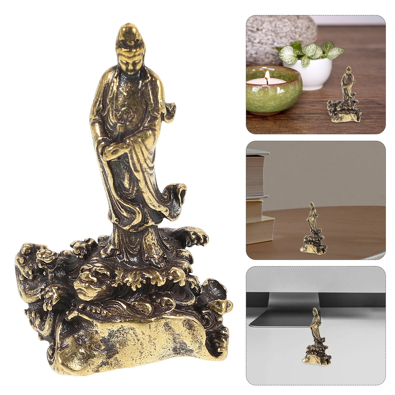 Small Avalokitesvara Brass Statue Exquisite Home Tabletop Decor Brass Ornament Office Decoration