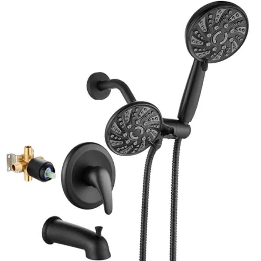 

Bathroom tub shower faucet set in matte black ABS material with high-pressure 6-mode handheld spray valve and trim kit for vers