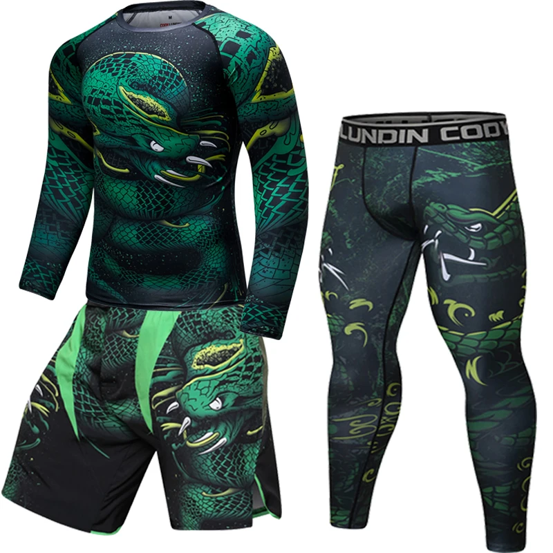 MMA BJJ Setelan Olahraga Rashguard Pakaian Gym Pria KickBoxing Muay Thai Celana Pendek Kaus Kompresi Celana Set Pakaian Olahraga Lari