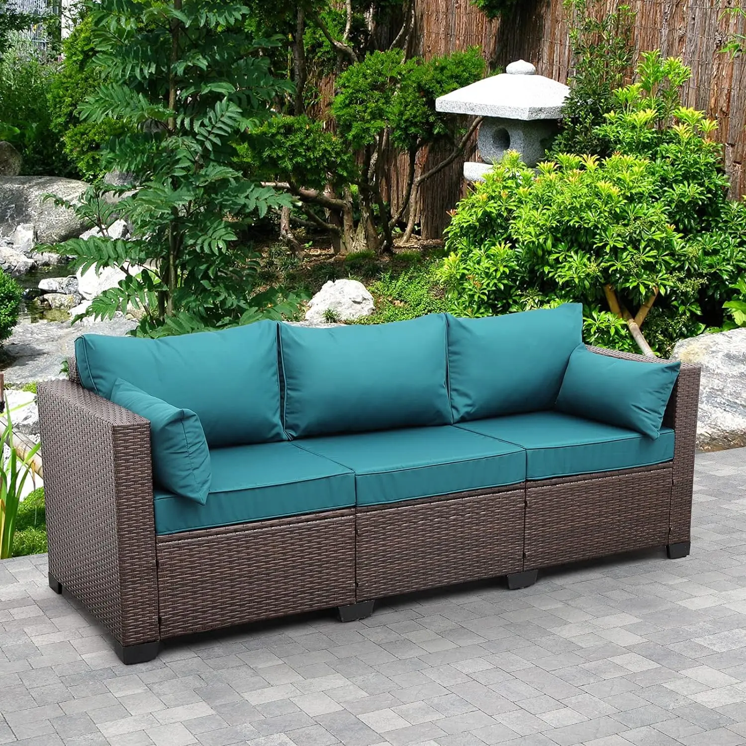 3-Seat Patio PE Wicker Couch Furniture Outdoor Brown Rattan Sofa with Washable Peacock Blue Cushions