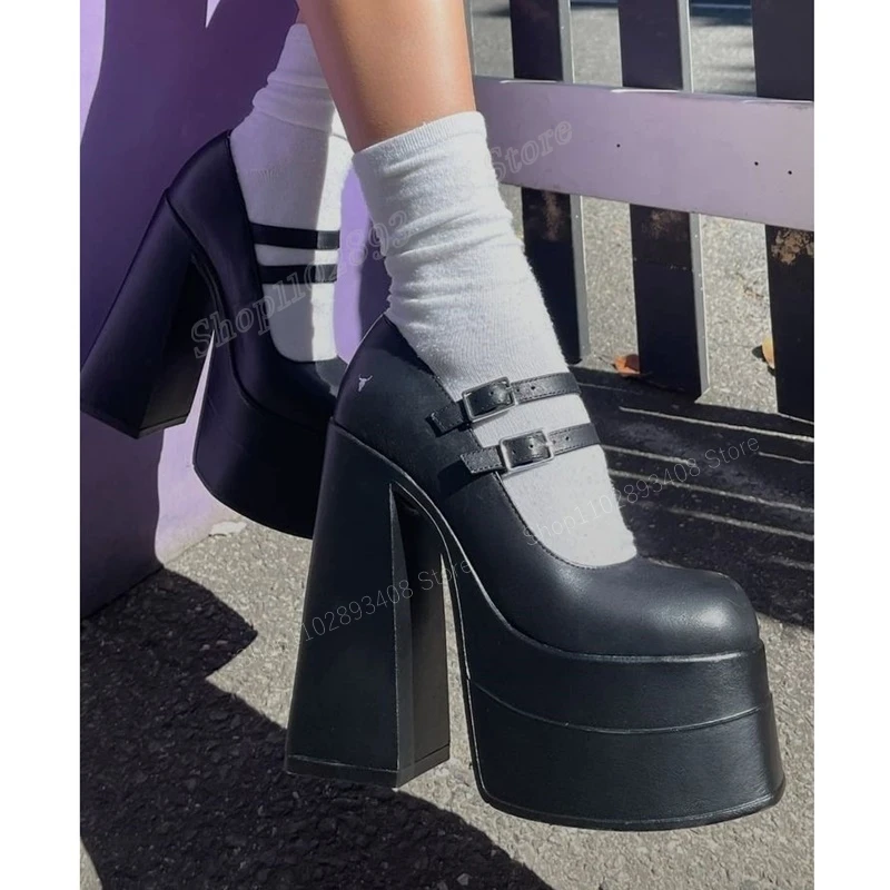 Black Waterproof Mary Jane Pumps Solid Buckle Strap Chunky Heel Matte Leather Women Shoes 2023 Fashion Sexy Zapatos Para Mujere