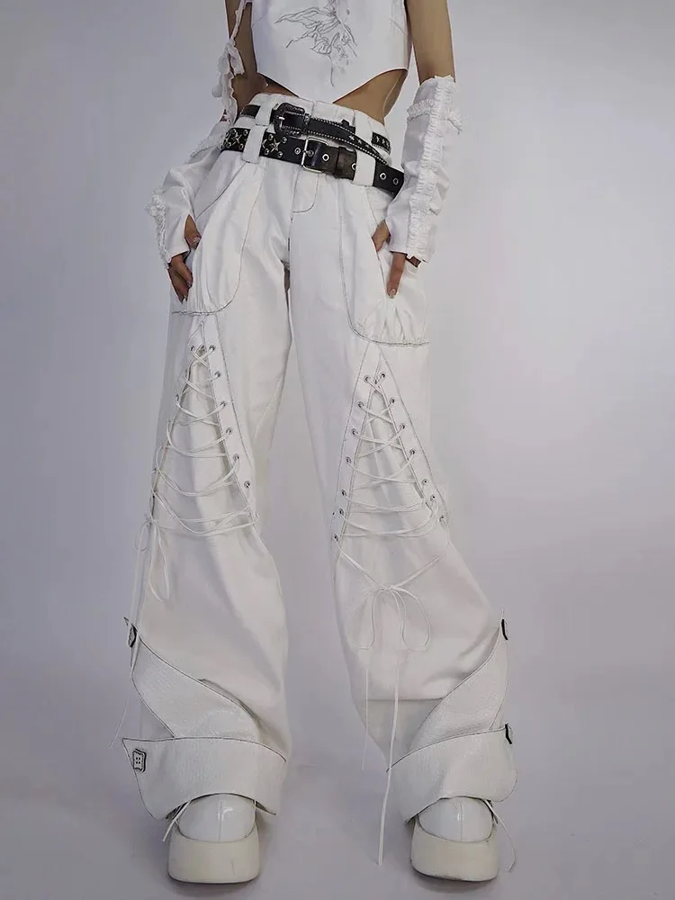 Women's White Jeans Y2K Japanese Harajuku High Waist Streetwear Aesthetic 2000s Loose Wide Leg Retro Pants Jeans Emo Clothing