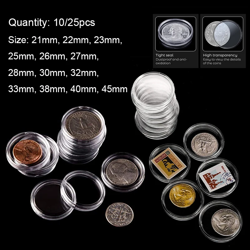 10/25Pcs 21/22/ 23/25/26/27/28/30/32/33/38/40/45mm Round Storage Ring Plastic Boxes Clear Coining Holder Capsules Cases