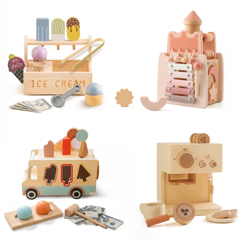 Baby Wooden Montessorri Toys Wooden Castle Rocket Five-in-one Multifunctional Toys Coffee Machine Ice Cream Toy Educational Toys