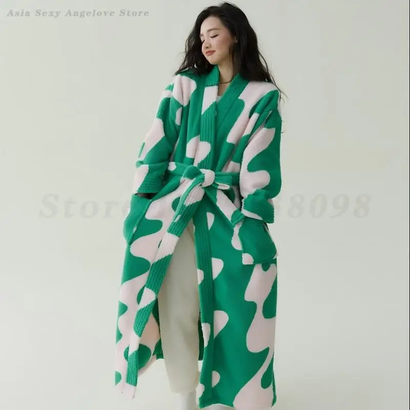 

Autumn Winter New Robe Pajama Set Coral Fleece Thickened Printed Home Clothes Long Bathrobe Kimono Gown Flannel Warm Sleepwear