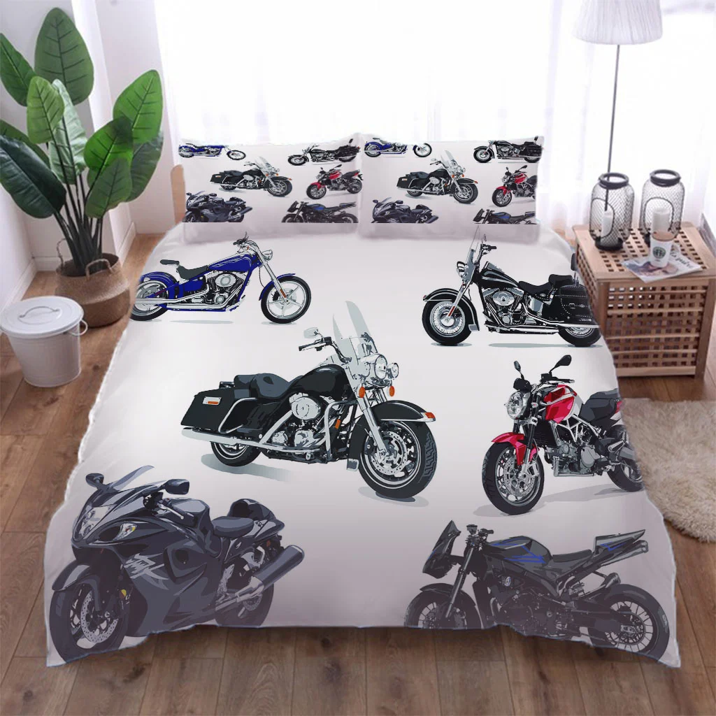 Double Sheets Set 3 Pieces 3D Sporty Cool Motorbike Bedding Set Quilt Duvet Cover Comforter Children Bed Birthday Gift