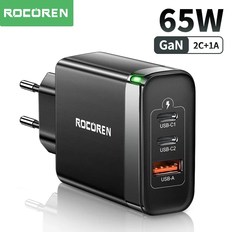 Rocoren 65W GaN USB Type C Charger Quick Charge QC 4.0 PD 3.0 QC4.0 USBC Fast Charging USB Charger For iPhone 14 13 Pro MacBook