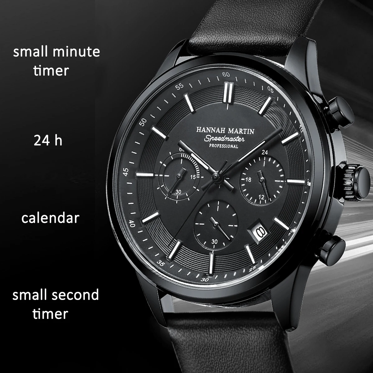 Hannah Martin Brand Men Watch Multifunctional Timing Dial Casual Sports Leather Original Quartz Movement Business Watch for Men