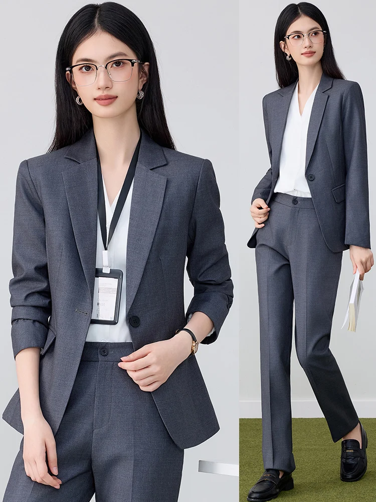 

Gray Professional Women's Suit Set for Interview Spring Autumn Office Work Uniform Hotel Manager Formal Wear Commute Style