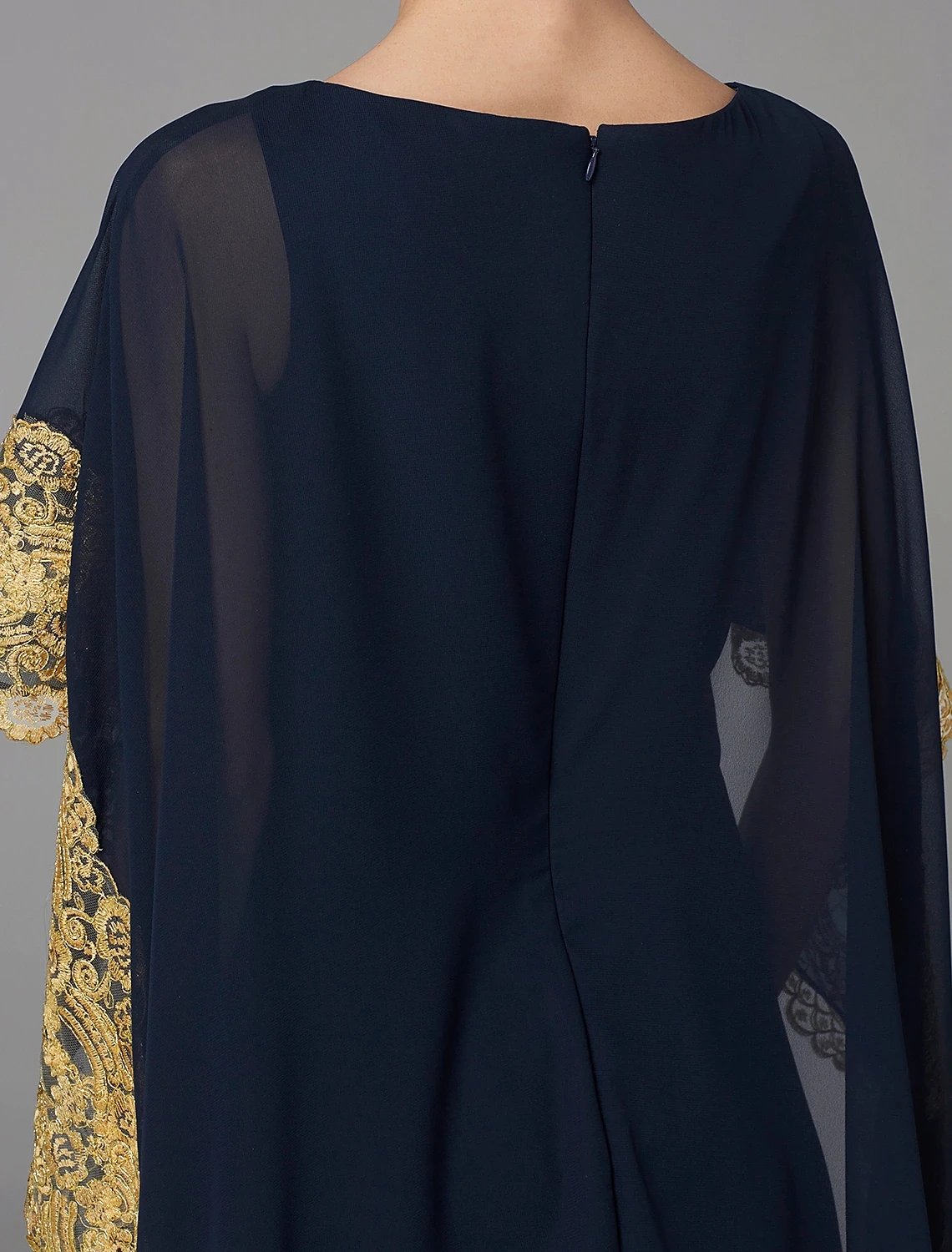 Dark Navy Moslim Avondjurk 2022 Elegant Bateau Hals Gold Kant Applicaties Chiffon Formele Prom Jassen Arabisch Vestidos De Festa