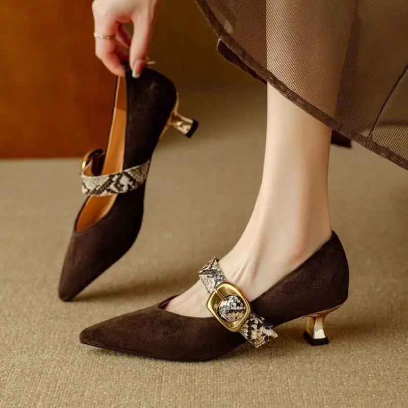2026Springsummer New French Pointed Shallow Mouth Stiletto High Heels Withone Button Strap Fashion Comfort Mary Jane Singleshoes