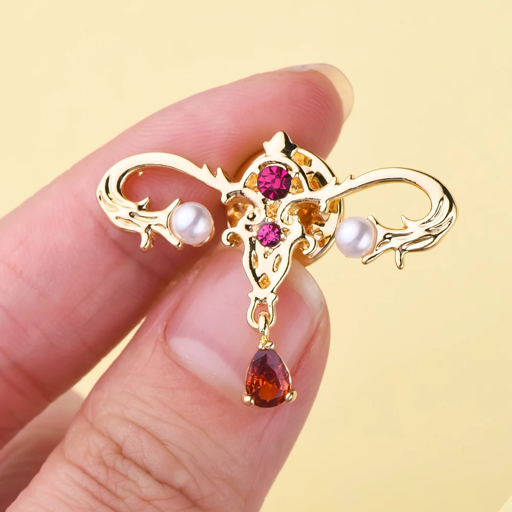 Medsor Uterus Metal Brooch Pin Inlaid Zircon Pearl Women Jewelry Medical Gynecology Lapel Badge for Gynecologist Doctor Nurse