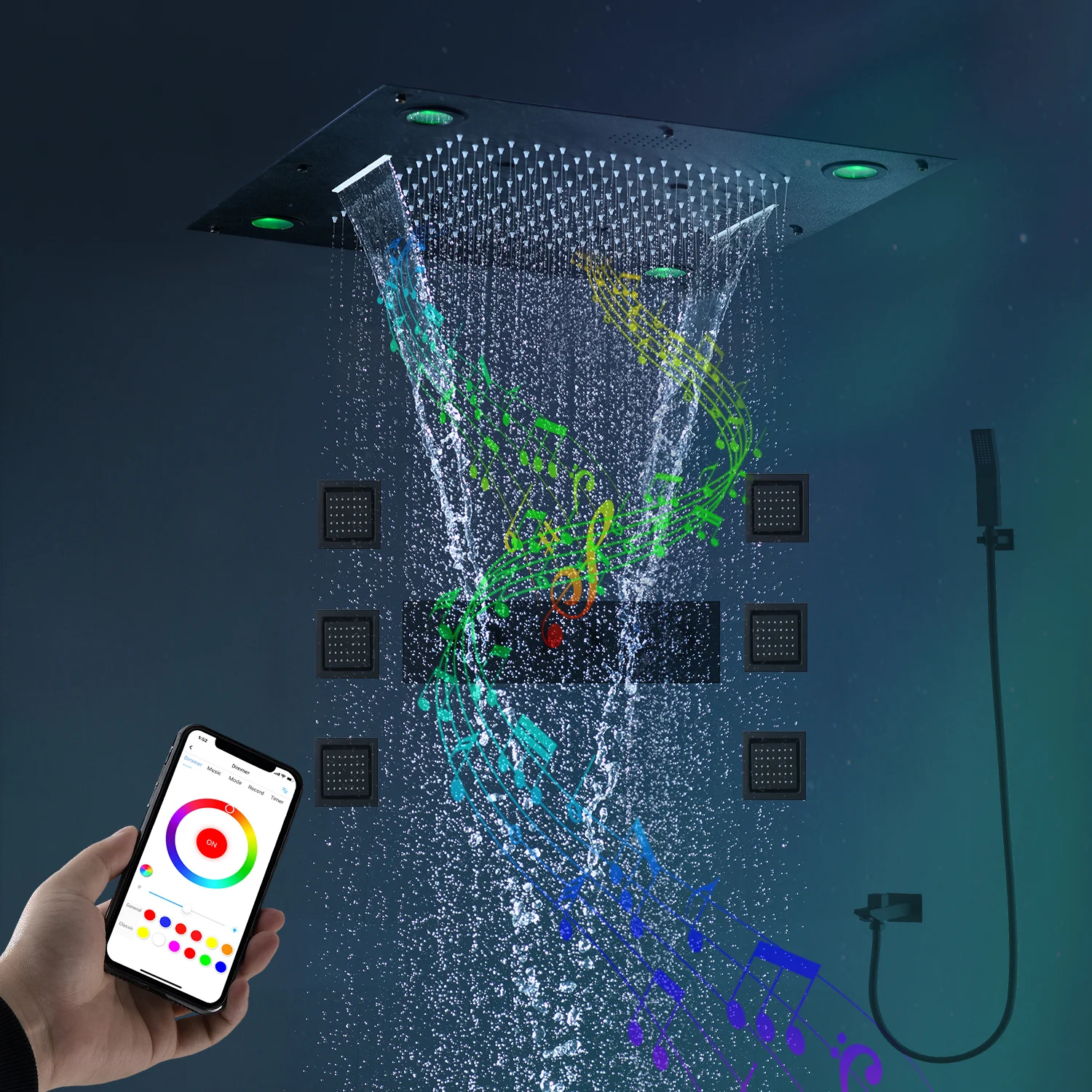 hm 2025 High Quality Bluetooth Music Shower Set 24Inch Mist  Rainfall Waterfall LED Shower Head Panel Thermostatic Faucet System