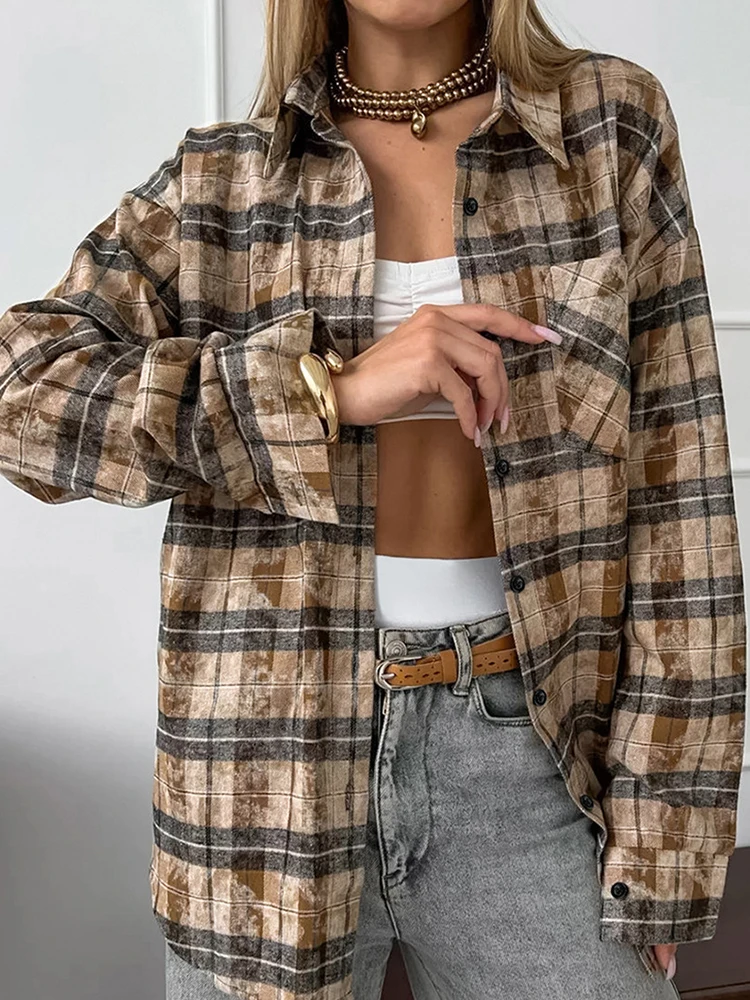 Mumaroho 2024 Women Autumn Winter Vintage Oversized Plaid Shirt Long Sleeve Loose Fit Blouse For Woman