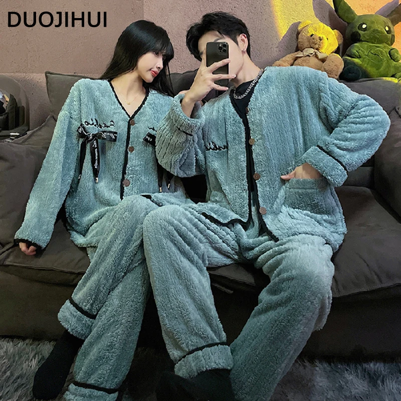 DUOJIHUI Chicly Pace-up Couple Clothes Loose Pajamas for Women Korean Style Basic V-neck Cardigan Simple Pant Female Pajamas Set