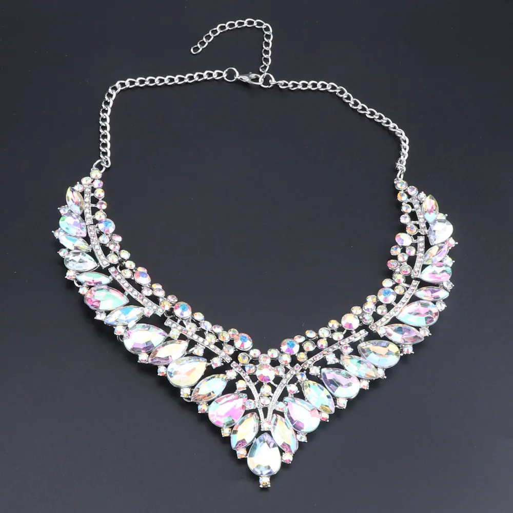 Luxury Wedding Jewelry Sets AB Color Crystal Necklace Earrings set Gifts for Women Dating Party Dresses Silver Color Accessories