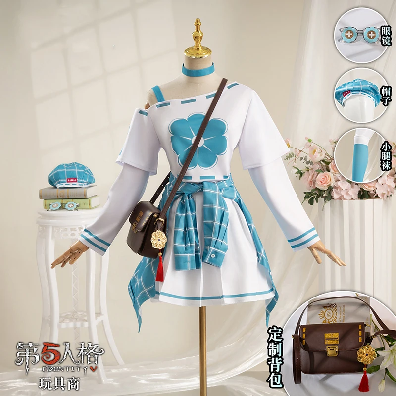 

In stock Cos Toy Merchant Anne Cosplay Game Identity V Costume Daily wide neck blue flower T-shirt female skirt B