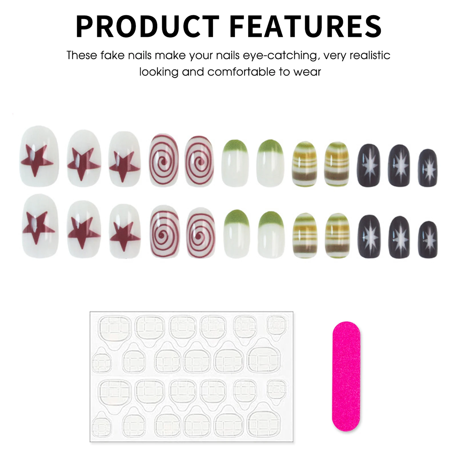 24 Stück handbemalte künstliche Nägel mit Sternen und Retro-Polka-Dots, zum Aufdrücken, tragbare Nagelspitzen für Frauen, für den täglichen Gebrauch – Detail 7